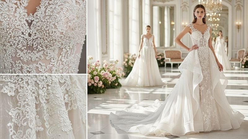 Elegant bridal gown showcasing Luxury Fabrics with intricate lace detailing, flowing silhouette, and timeless sophistication