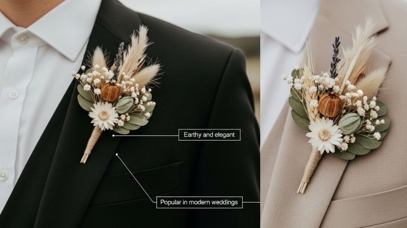 Minimalist dried styles (trending 2026) boutonniere with pampas, florals on suit, modern earthy wedding accessory for groom