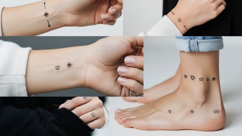 Minimalist Icons tattoos with tiny hearts, stars, and symbols on wrist, hand, and ankle in clean fine line style