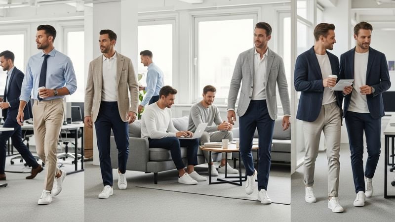Modern Evolution of Business Casual showing men in smart casual outfits with blazers, chinos, and sneakers in office