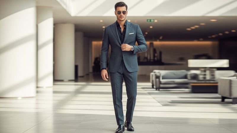 Fabric texture sample for a Modern Fit Suit in grey premium material with a smooth and refined finish.