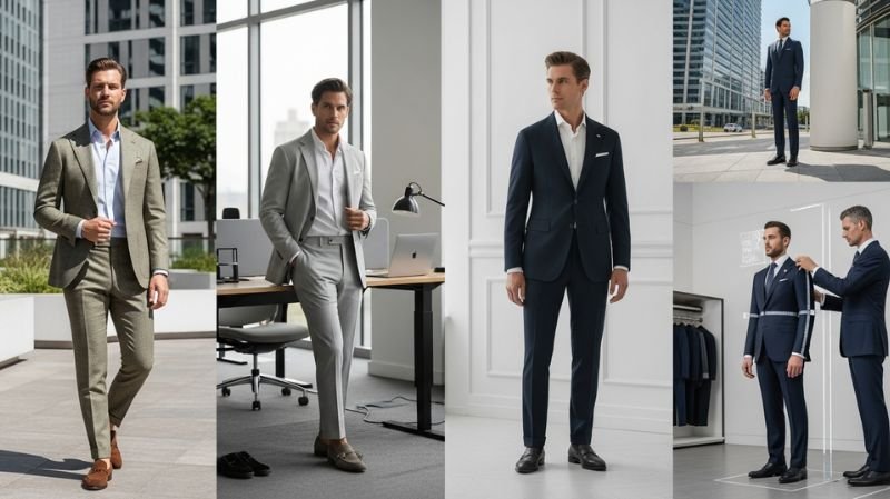 Modern Trends in Business Professional Men (2026): men in slim-fit suits, office and city style, tailoring scene