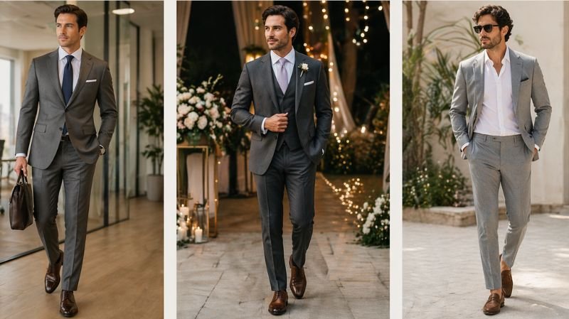 Occasion-Based Styling Guide with grey suits: business, weddings, and smart casual outfit combinations with brown shoes