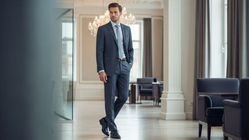 Man wearing a navy Regular Fit Suit in a luxury office lobby with polished shoes and classic styling.