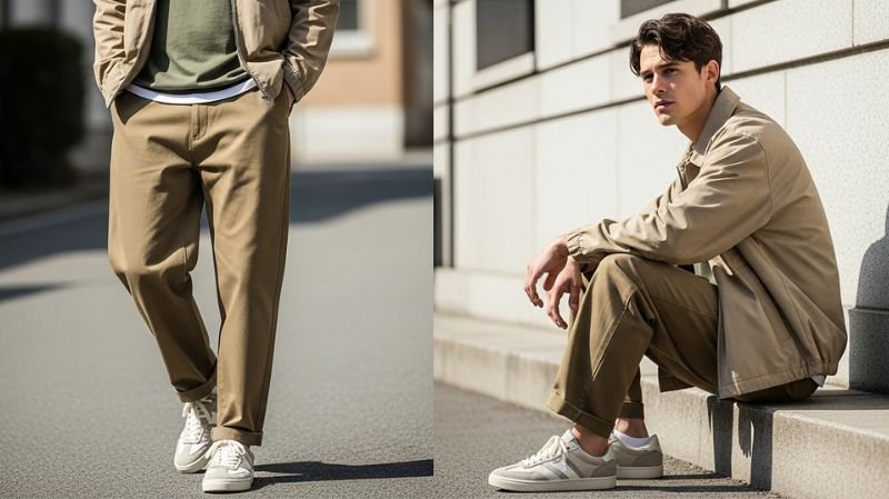 Man wearing relaxed fit chinos with loose silhouette, styled casually with jacket and sneakers for comfortable everyday wear