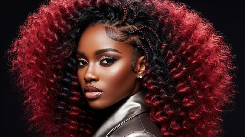 Ruby red and burgundy blend for dark skin tones with voluminous curls, bold shine, and statement braided styling