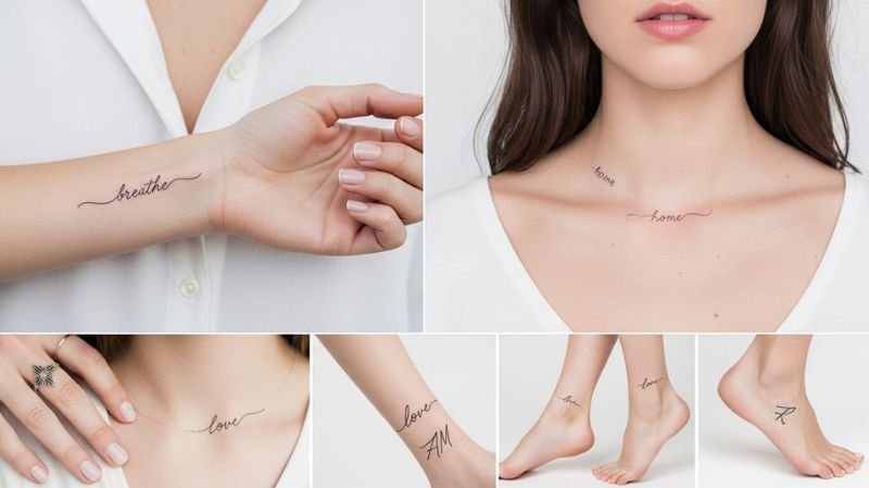 Small Ladies Tattoos Designs: Minimal & Trendy Ideas for Women Script & Meaningful Words tattoos for women featuring breathe, home, love and initials on wrist, collarbone and ankle
