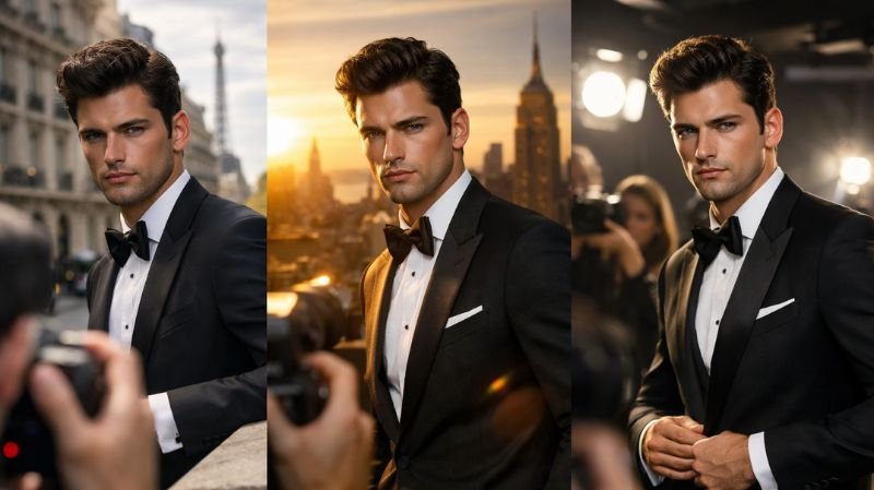 Top 5 Famous Male Models of All Time Hyper-realistic fashion editorial of Sean O’Pry-inspired male model in tuxedo across Paris, New York, and studio settings.