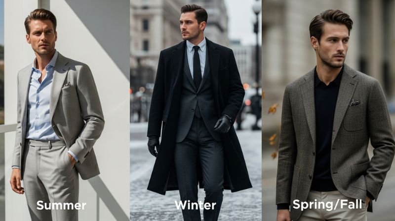 Seasonal Styling Trends for men showing summer, winter, and spring fall business professional outfit ideas