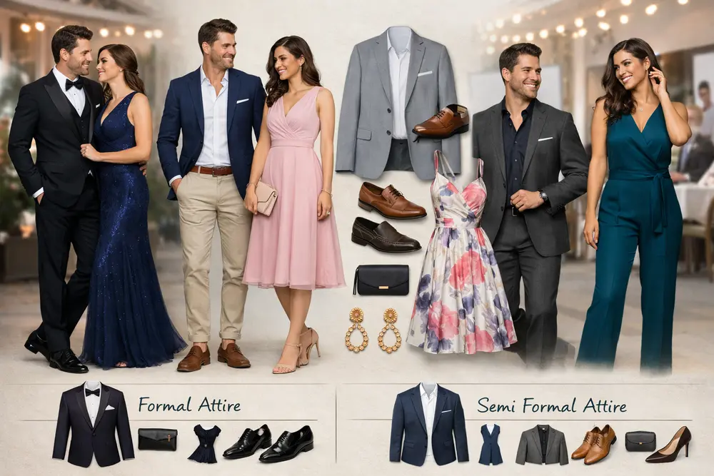 Semi Formal Attire 2026: What to Wear Guide Formal vs semi formal attire 2026 style guide collage showing men and women outfit ideas, dresses, suits and accessories