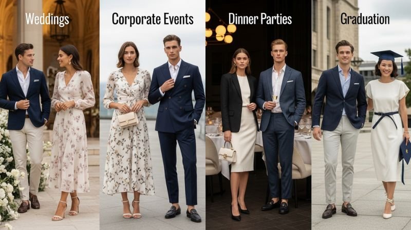 Semi Formal Attire 2026: What to Wear Guide Semi Formal Attire by Occasion showing outfits for weddings, corporate events, dinner parties, and graduation settings