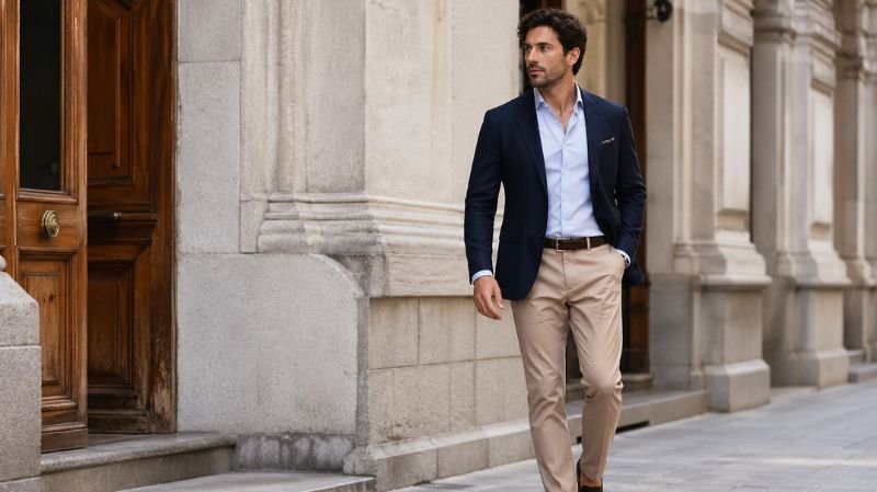 Semi-Formal Looks with blazer and chinos, stylish man walking in city, polished leather shoes, modern smart casual outfit