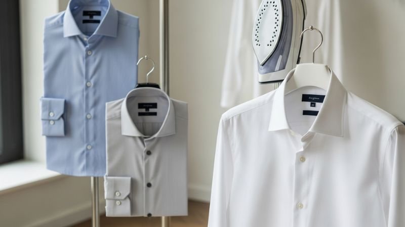 Shirt Selection: white, light blue, and gray dress shirts neatly hung and ironed, ideal formal shirt choices for clean styling
