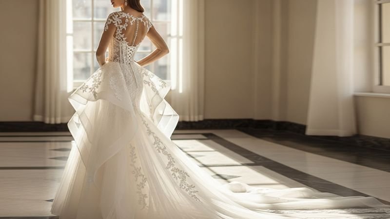 Elegant bridal gown with Signature Design Details, featuring intricate lace, flowing layers, and refined couture craftsmanship
