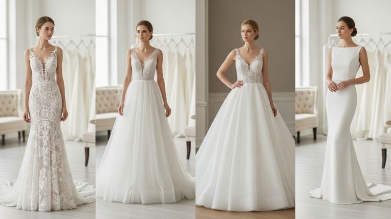 Elegant bridal gowns showcasing Silhouette Variety, from lace mermaid to flowing A-line and sleek minimalist styles