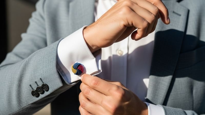 Man adjusting colorful Silk Knot Cufflinks on a white shirt cuff with a light grey suit, showcasing stylish formal accessories