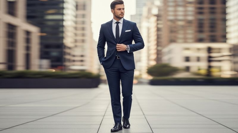 Man wearing a navy Single-Breasted Suit with tie and pocket square in a modern city business setting