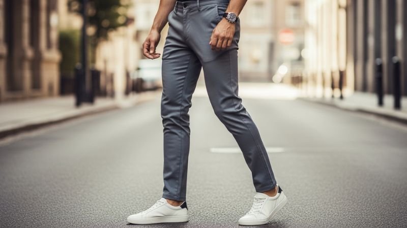 Slim Fit Chinos outfit showing tailored narrow leg pants with modern fit styled with white sneakers for a clean smart look