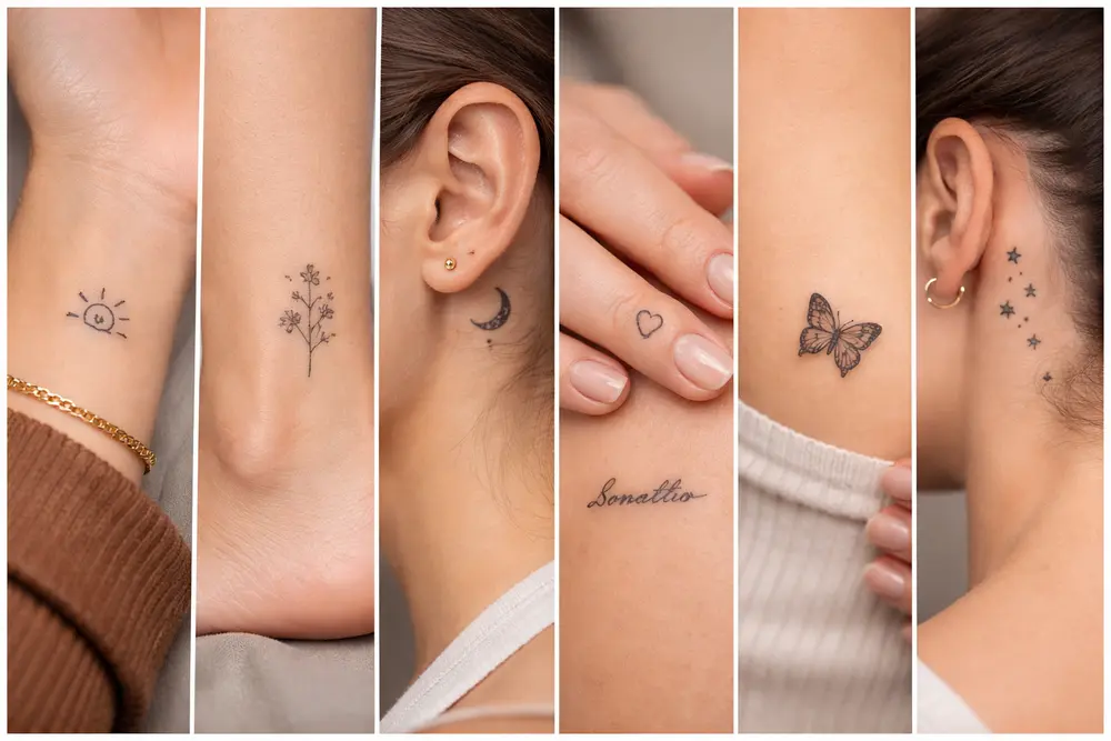 Small Ladies Tattoos Designs: Minimal & Trendy Ideas for Women Small ladies tattoos designs on wrist, ankle, finger, and behind ear featuring minimal sun, floral, heart, and butterfly ink