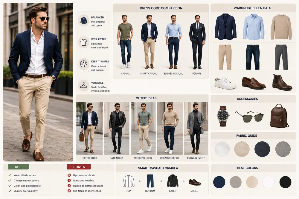 Smart Casual Apparel for Men: Dress Code & Outfit Ideas – modern men outfit guide showing blazers, chinos, sneakers
