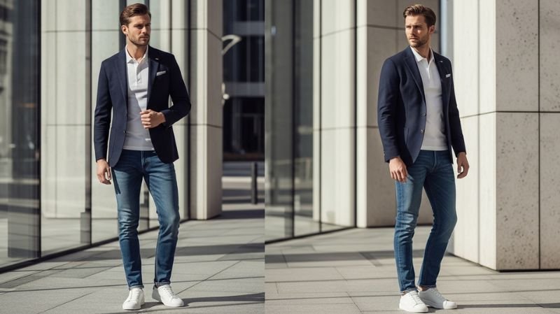 Smart casual dress code rules every man should know with blazer, polo shirt, slim jeans, and white sneakers outfit