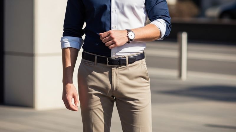 Smart Casual Looks with chinos, button-down shirt, leather belt and watch, modern men’s polished everyday outfit