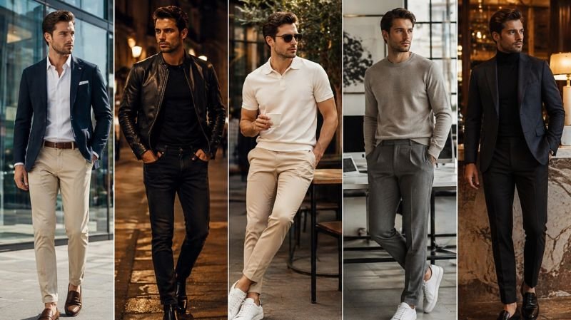 Smart Casual Outfit Ideas for Men with blazer, leather jacket, polo, knit sweater, and turtleneck styled looks
