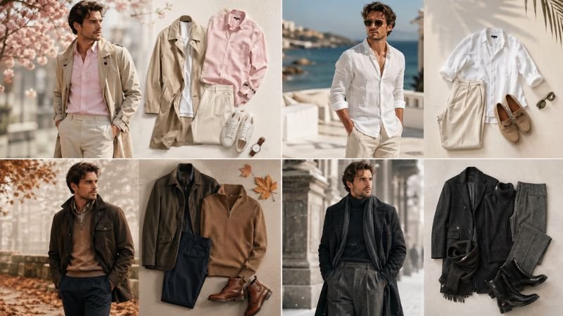 Smart Casual by Season outfits for men featuring spring, summer, fall, and winter looks with versatile layering and neutral tones
