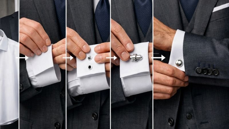 Step-by-Step: How to Wear Cufflinks Properly on a French cuff shirt, showing folding, aligning holes, inserting and securing