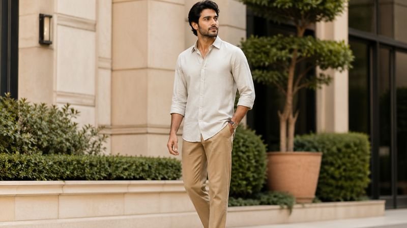 Man wearing straight fit chinos with relaxed silhouette, paired with shirt and loafers, showcasing timeless everyday style