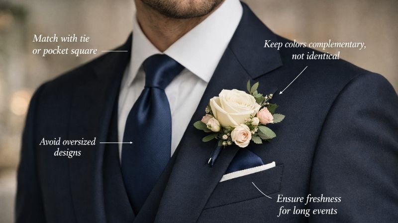 Styling Tips for a Perfect Look boutonniere on navy suit, matching tie and pocket square, elegant groom wedding style