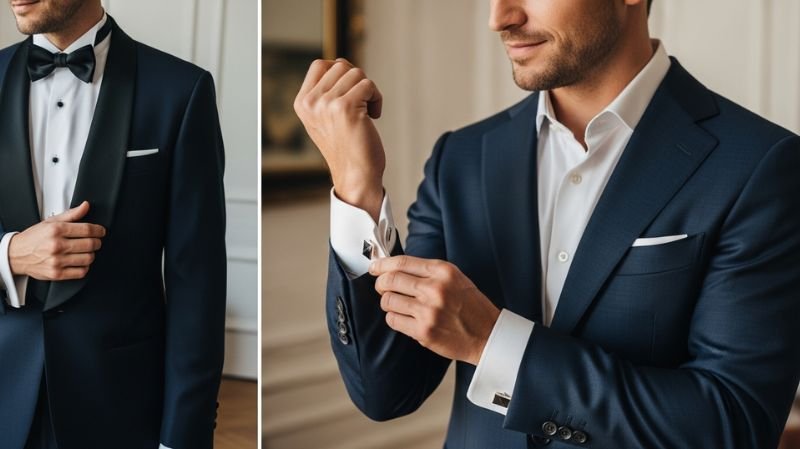 Styling Tips for a Sharp and Elegant Look with a man adjusting cufflinks on a tailored suit and crisp French cuff shirt