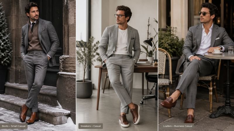 Styling Variations Beyond Dress Shoes: grey suit with brown boots, sneakers, and loafers in smart casual looks