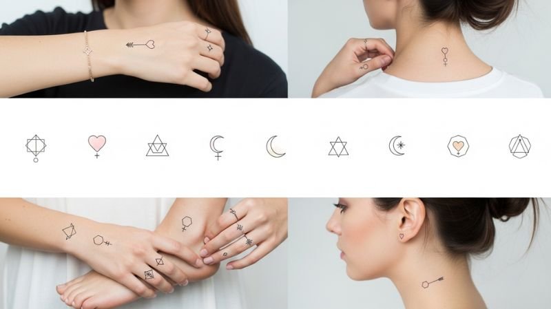 Small Ladies Tattoos Designs: Minimal & Trendy Ideas for Women Symbols & Geometric Shapes tattoos with hearts, arrows, moons, and minimal line designs on wrist, hand, neck, and ankle