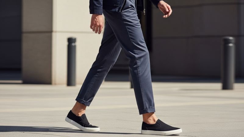 Man wearing tapered chinos with slim ankle fit, modern silhouette, paired with sneakers for clean and stylish everyday look