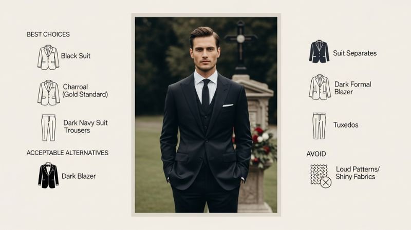 The Suit (Foundation of Funeral Dressing): man in black suit at cemetery showing proper funeral attire choices for men