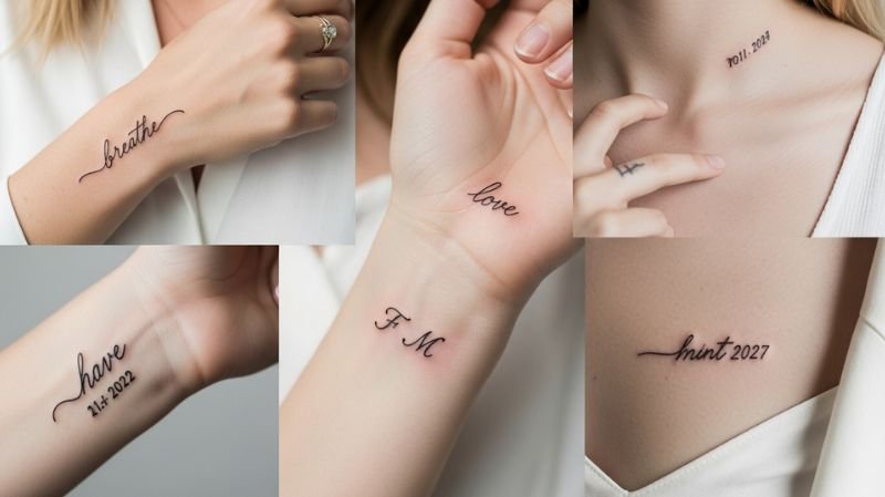 Small Ladies Tattoos Designs: Minimal & Trendy Ideas for Women Tiny Script tattoo ideas on wrist and collarbone featuring minimalist words like breathe, love, and dates in elegant cursive