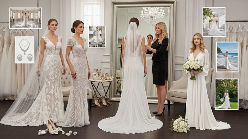 Bridal fitting scene with stylist and models showing Silhouette Variety, tips for selecting the perfect Pnina Tornai gown