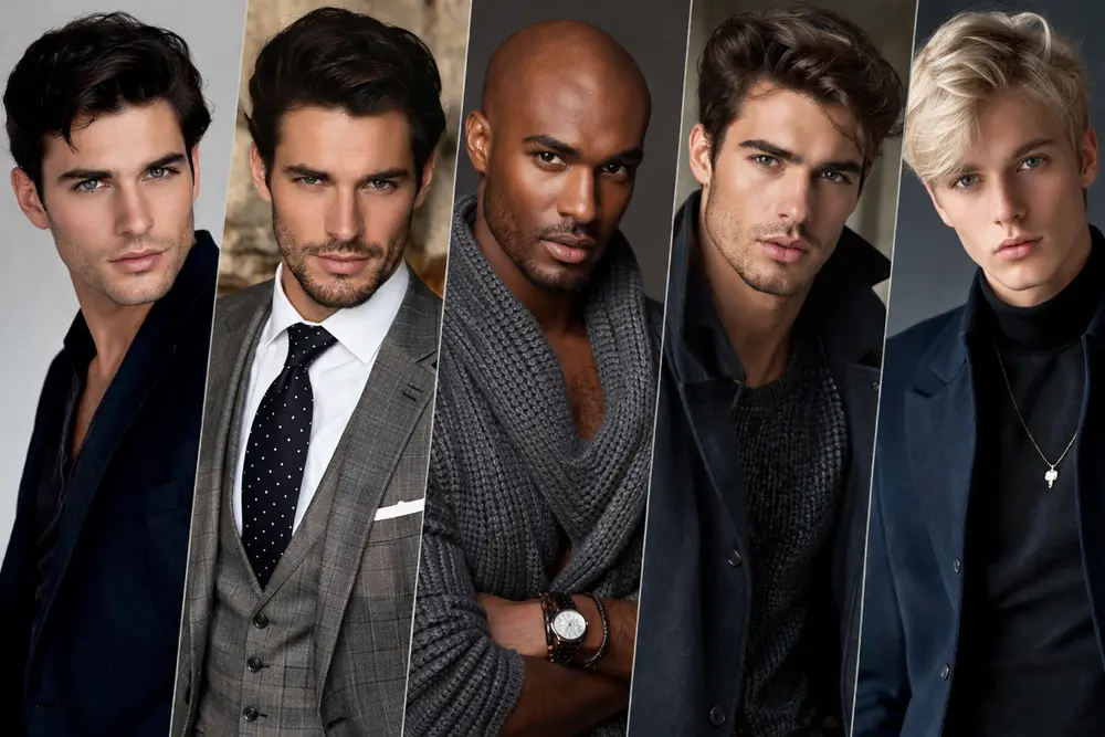 Top 5 Famous Male Models of All Time Collage of famous male models in stylish outfits, showcasing modern masculinity, luxury fashion, and global modeling icons