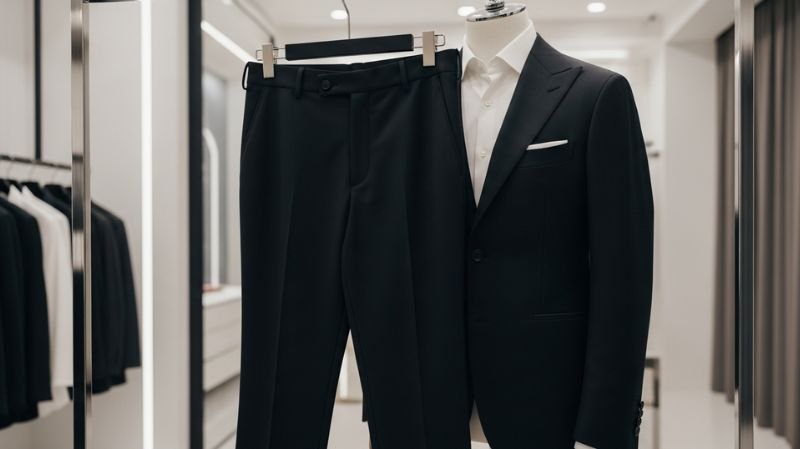 Tailored black suit trousers and blazer showcasing perfect trousers and fit with clean lines, modern slim silhouette and sharp finish