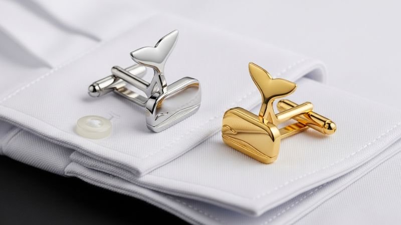 Whale Back Cufflinks in silver and gold on white shirt cuff, showing flip mechanism and elegant formal styling detail