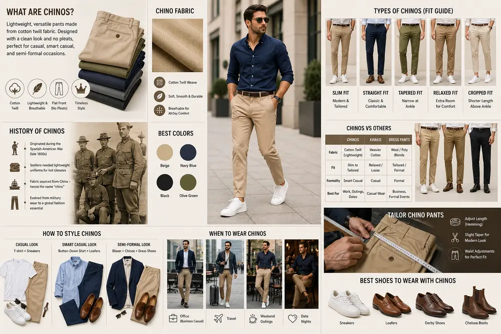 What are chinos pants infographic showing fits, colors, fabric, and styling ideas for smart casual and everyday outfits