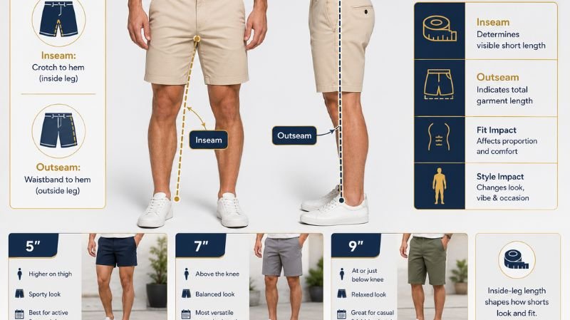 What Does Inseam Mean on Shorts? Visual guide showing inseam vs outseam with 5, 7, and 9 inch shorts fit comparison