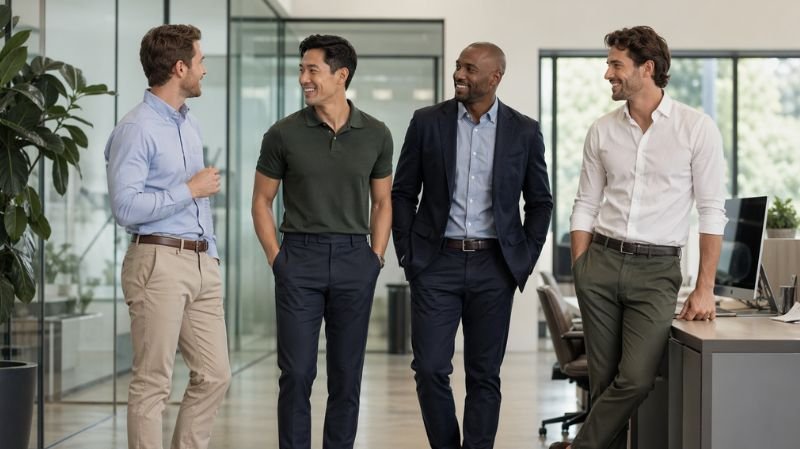 What Is Business Casual for Men? Diverse men in modern office wearing chinos, polos, blazers and smart casual outfits