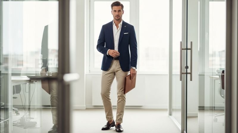 What Is Corporate Casual for Men? Blazer, chinos, dress shirt and loafers office outfit example