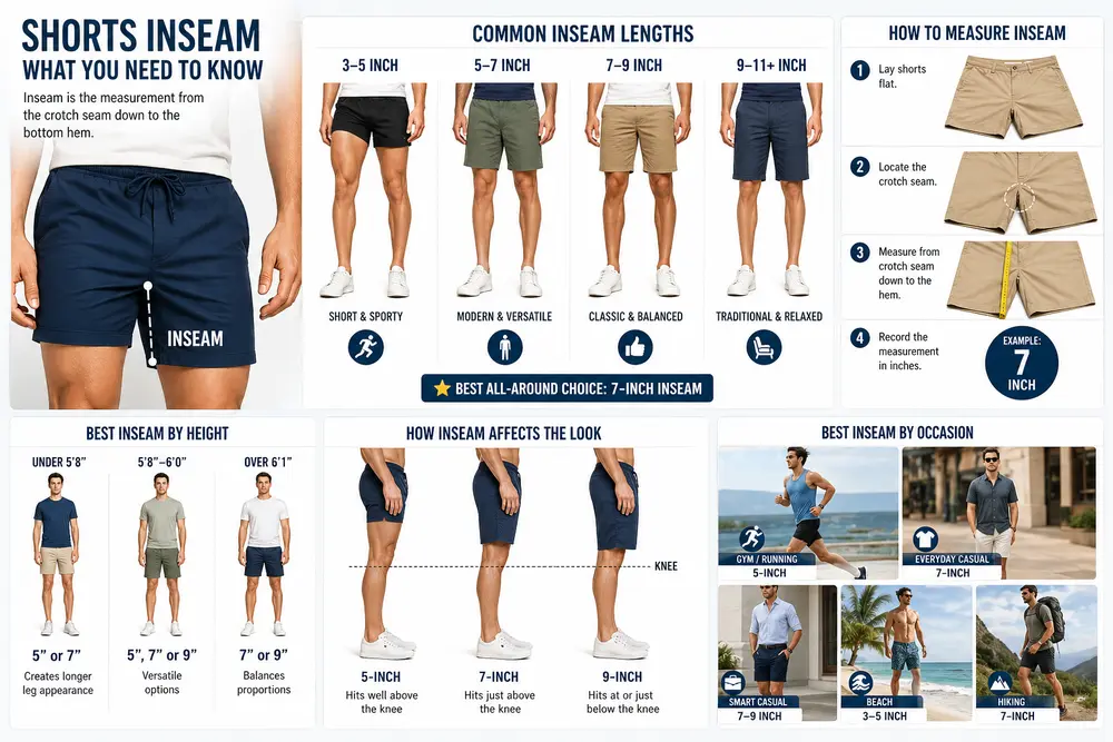 What is inseam on shorts infographic showing shorts length guide, measuring tips, fit by height, and best inseam choices for men