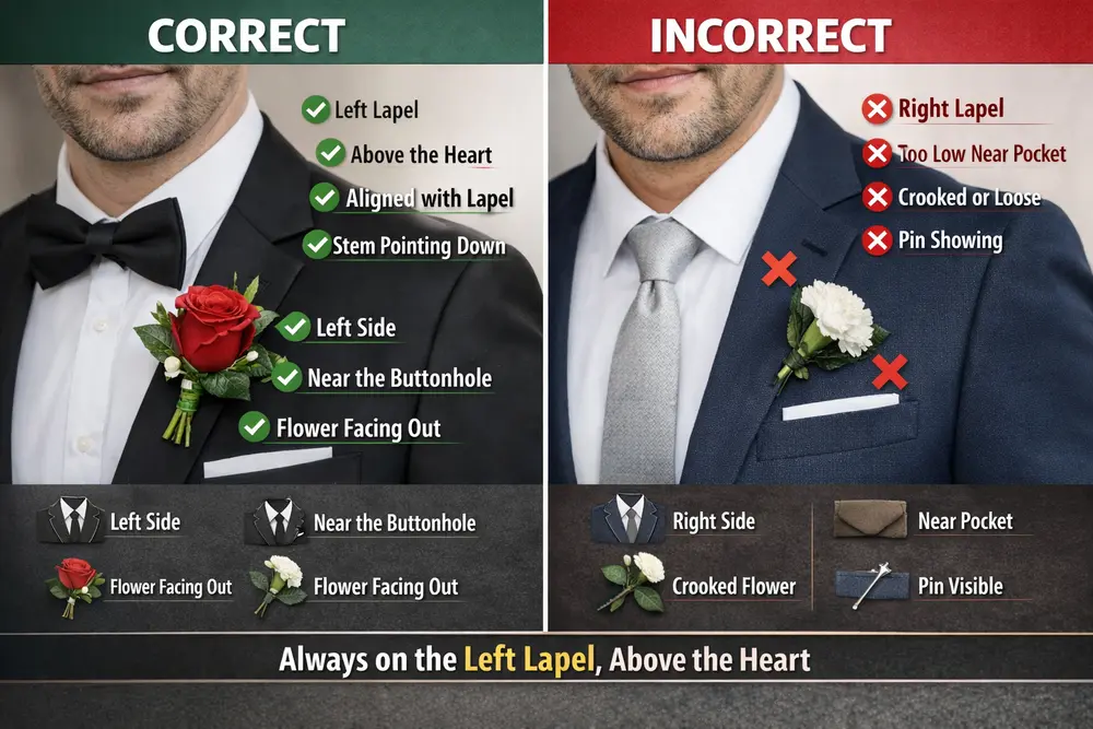 What side does the boutonniere go on shown with correct left lapel placement and incorrect right side example guide