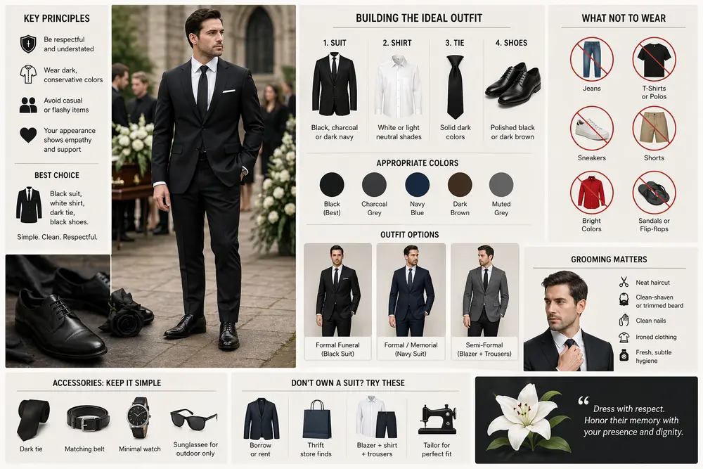 What to wear at a funeral for guys: black suit, white shirt, dark tie, polished shoes, respectful formal attire guide