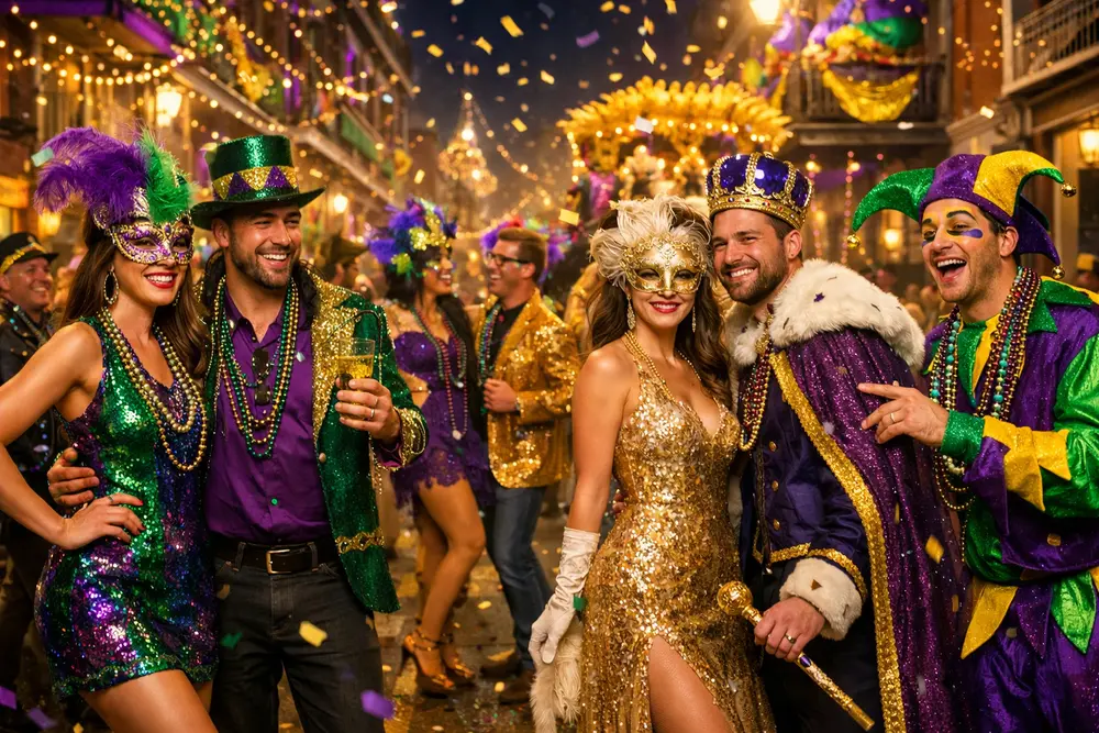 What to Wear to a Mardi Gras Party: Top Outfit Ideas What to wear to a Mardi Gras party with colorful outfits, masks, beads, sequins, and festive parade style inspiration