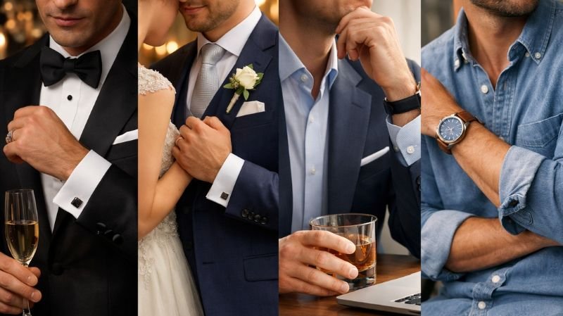 When to Wear Cufflinks (Occasion Guide) showing formal, wedding, business, semi-formal and casual cufflink styling
